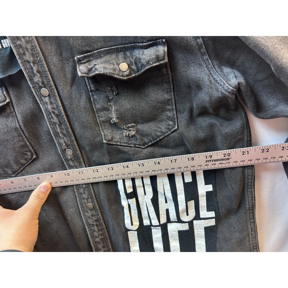 Christian Battle Jacket Black Rock Jean Button Up Patches Jesus Mens XL Distress - Picture 7 of 8